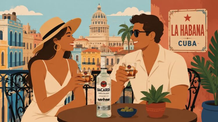 Pareja tomando ron Bacardí en una terraza con vistas a La Habana Cuba. Barcadí Barcelona.